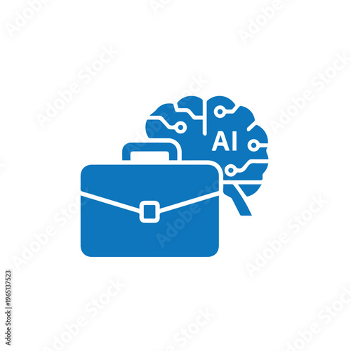 Blue briefcase coupled with a cropped brain schematic displaying 'AI' text signifies artificial intelligence integration in.