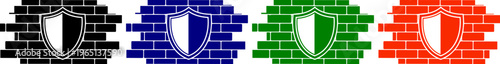 Shield icon on brick wall background for security and protection concept