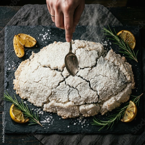 Hand sprinkling salt on homemade ricotta cheese with rosemary and lemon garnish