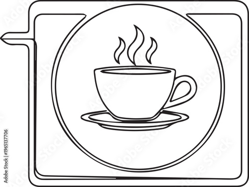 A black and white drawing of a steaming cup of coffee on a saucer