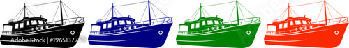 Fishing boats in black blue green and red colors on transparent background
