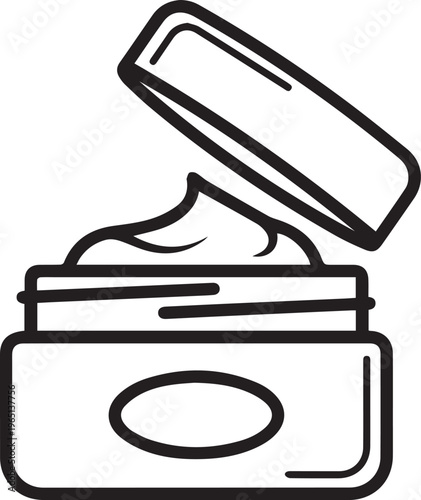 A black and white drawing of an opened jar of cream