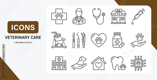 Veterinary Care Icon Set – Vector Collection of Vet Doctors, Pet Exams, Animal Health Services & Clinic Tools