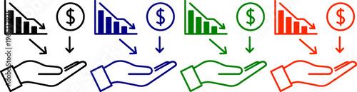 Financial crisis icons in black, blue, green, and red set