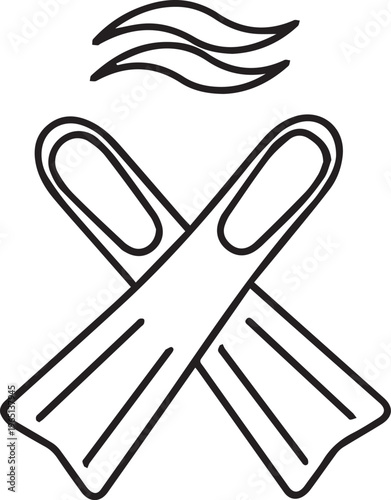 A black and white drawing of a pair of flippers and waves