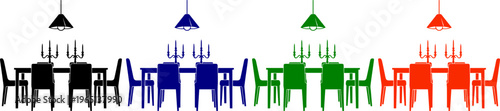 Set of colorful dining tables with chairs and lamps vector illustrations set