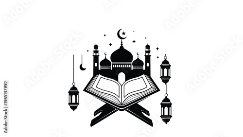 Black silhouette of a mosque dome and minarets with the open Quran and hanging lanterns representing Islamic faith and traditions.