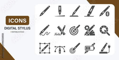 Digital Stylus Icon Set – Vector Collection for Drawing, Annotation Tools & Connectivity Features
