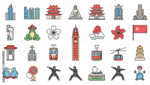 Large grid of colorful icons representing the culture and landmarks of Hong Kong including skyscrapers, trams, and food.