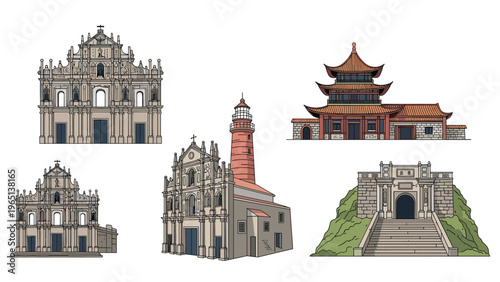 Group of famous landmarks from Macau including the Ruins of Saint Paul, the Guia Lighthouse, and traditional temple gates.