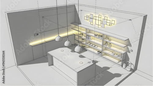 Contemporary modern kitchen lighting plan, island pendant lights, cabinet shelves, wall decor, CAD blueprint, 3D interior layout, home design, architectural visualization