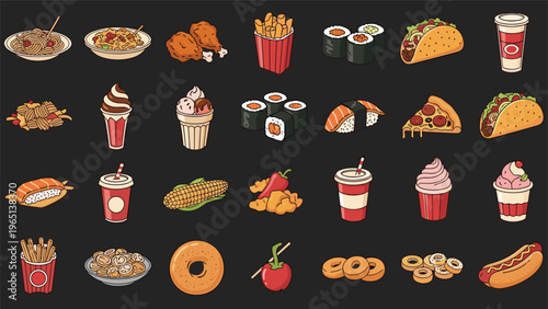 Comprehensive grid of pixel art style fast food icons including burgers, fries, pizza, sushi, and cold beverages.
