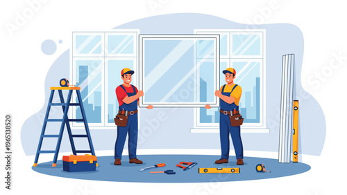 Two professional workers in blue overalls installing a large window pane in a modern apartment during a home renovation and construction process.