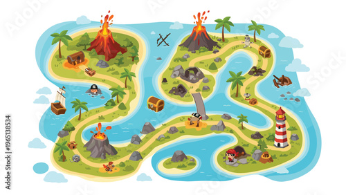 Detailed pirate treasure map illustration with multiple paths volcanoes lighthouses shipwrecks and hidden gold chests on a winding tropical island.
