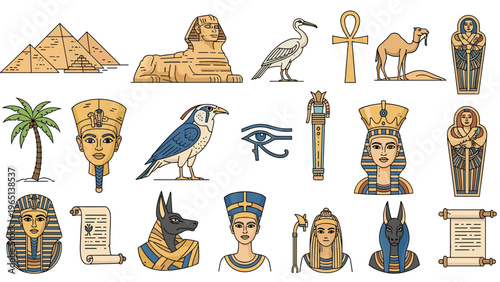Ancient Egyptian cultural icons featuring pyramids the great sphinx pharaoh heads and mythological symbols on a white background for history projects.