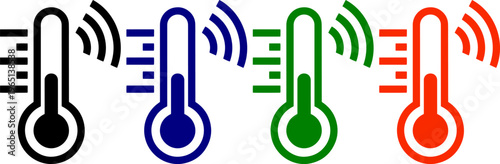 Thermometer icons in black, blue, green, red showing temperature and signal waves, heat and cold