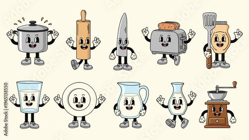 Collection of cute kitchen appliance characters with expressive faces including a toaster rolling pin pot and plate in a fun retro animation style.