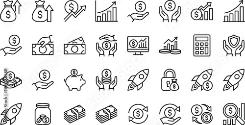 Finance and Investment Line Icon Set Featuring Money Growth, Savings, Profit, Banking, Security, Currency Exchange, and Financial Analytics Symbols for Business Design