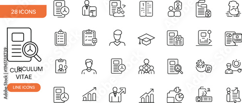 Curriculum vitae line icon set with resume review, hiring process, candidate evaluation, interview, recruitment workflow and HR management symbols