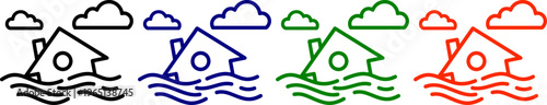 Flood disaster icons house and clouds black blue green orange on transparent background vector