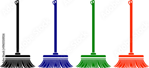 Set of four colorful broom cleaning tools isolated on transparent background vector illustration