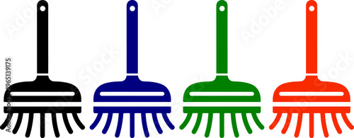 Broom icon in black blue green and red representing cleaning supplies