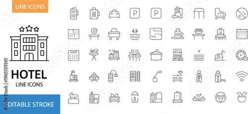 Hotel line icons set, hospitality services symbols, travel accommodation amenities, editable stroke outline vector, booking, restaurant, spa, transport, UI design