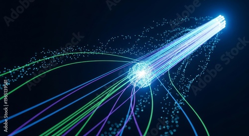 Neon glowing fiber optic cables, colorful lines and dots on dark background, technology and communication concept, network and connection