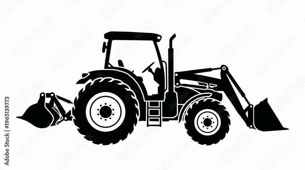 Obraz premium Tractor with Front and Back Loader - Farm Equipment Silhouette