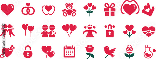 Love and romance icon set with hearts, gifts, couples, flowers, wedding, Valentine symbols in bold flat modern style