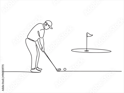 Continuous one line drawing of golfer and golfer hitting ball, sport vector illustration