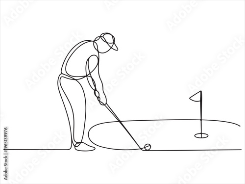 Continuous one line drawing of golfer and golfer hitting ball, sport vector illustration