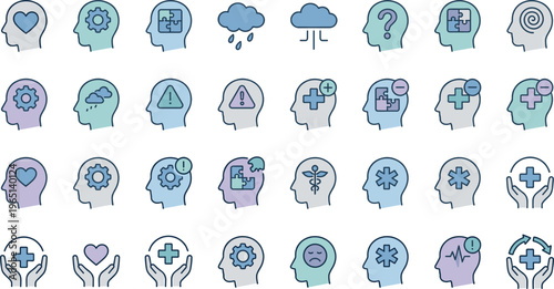 Mental Health Icon Set with Human Head Silhouettes Therapy Psychology Emotions Support Medical Care Symbols in Flat Color Vector Style