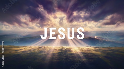 A powerful spiritual showing the name “Jesus” formed in radiant light breaking through dramatic clouds above a peaceful landscape.