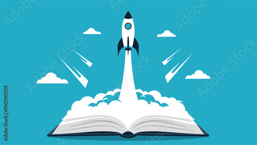 Inspiring knowledge concept illustration showing a rocket ship launching from an open book into a blue sky representing education and innovation.