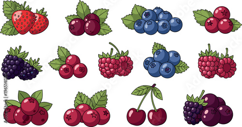 Berry Fruit Vector Set with Strawberries, Blueberries, Raspberries, and Cherries