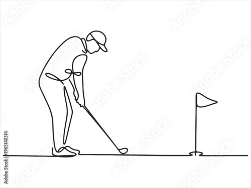 Continuous one line drawing of golfer and golfer hitting ball, sport vector illustration