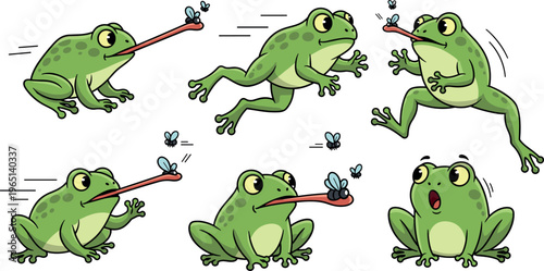Cartoon Frogs Catching Flies with Their Long Tongues in Various Playful Poses