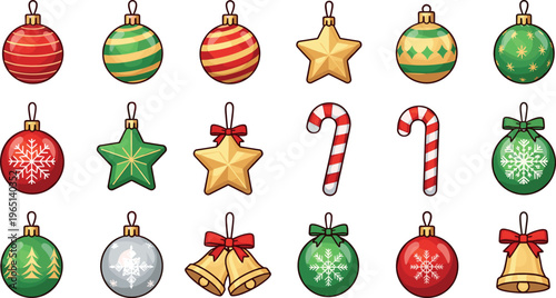 Christmas Ornament Icon Set with Baubles, Stars, Bells, Candy Canes, and Holiday Decorations for Festive Design