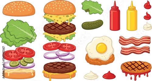 Burger Ingredients and Toppings Vector Set with Cheese, Lettuce, Bacon, Pickles, and Sauces