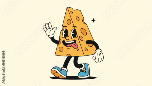 Vintage cartoon style cheese wedge character with a friendly face waving while walking on a pale yellow background.