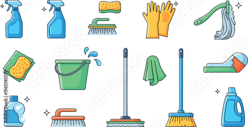 Cleaning Tools and Household Supplies Vector Set with Mop, Bucket, Spray, Gloves, and Brushes