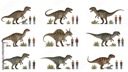 Size comparison chart showcasing various dinosaur species alongside human silhouettes to demonstrate their massive scale and proportions.