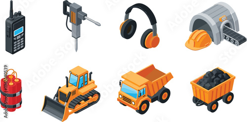 Mining and construction equipment set including bulldozer dump truck drill dynamite helmet headphones and tools vector illustration