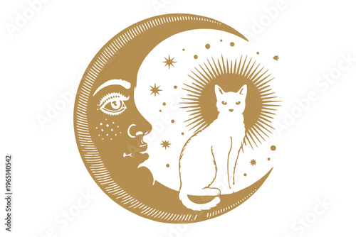 Golden moon face with eye and stars next to a sitting white cat within a circular frame