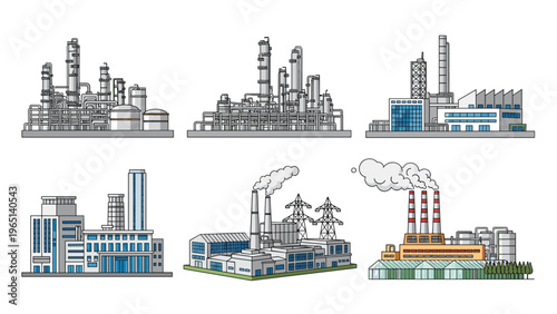 Industrial plant and factory illustrations showing chemical refineries power stations and manufacturing facilities for urban and business graphics.
