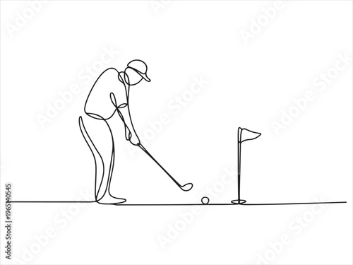 Continuous one line drawing of golfer and golfer hitting ball, sport vector illustration