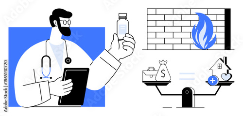 Healthcare concept. Healthcare ed by a doctor holding a vial and a balance weighing money versus health and property. Healthcare, finance, and emergency response. medicine, insurance, decision