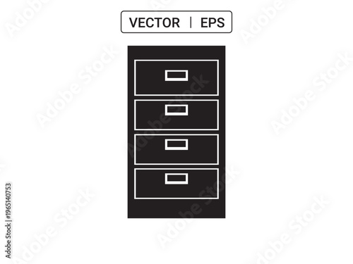 Black and white illustration of a four drawer filing cabinet, office furniture and storage.