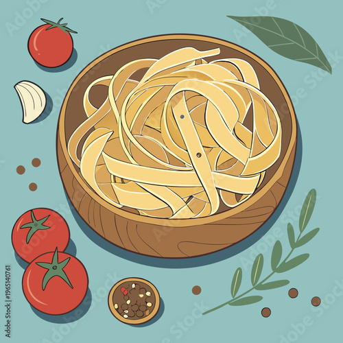 Fettuccine Pasta Bowl Illustration – Italian Cuisine Food Design with Fresh Tomatoes, Garlic, Herbs and Cooking Ingredients for Creative Learning